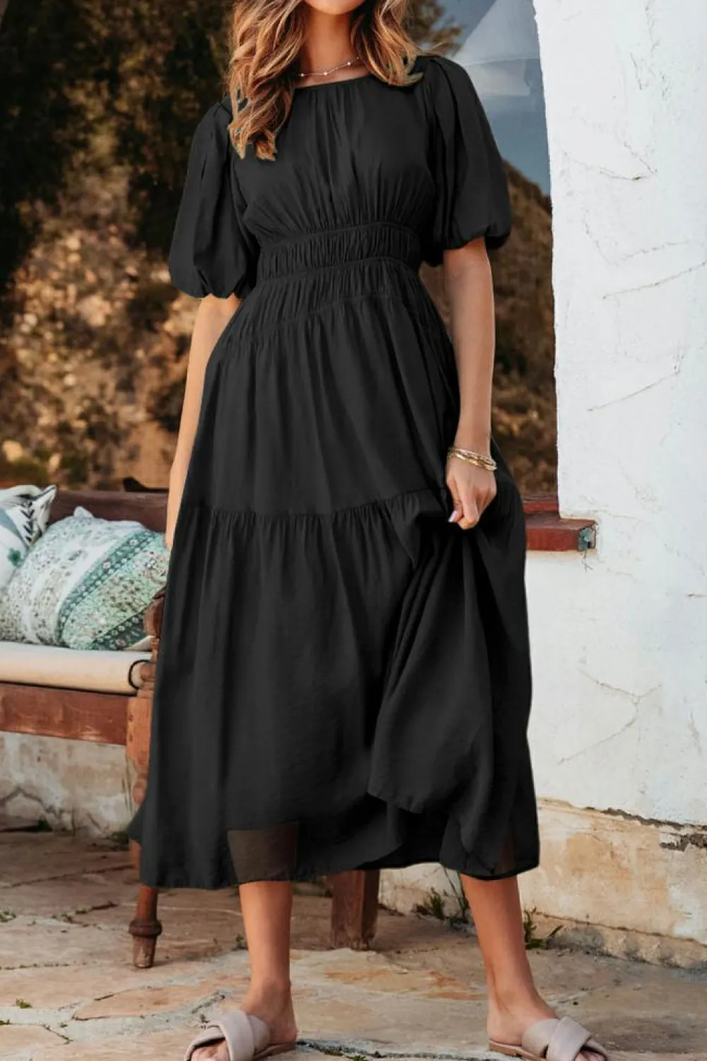 Sale Dear-Lover Puff Sleeve Pleated High Waist Flowy Midi Dress Black