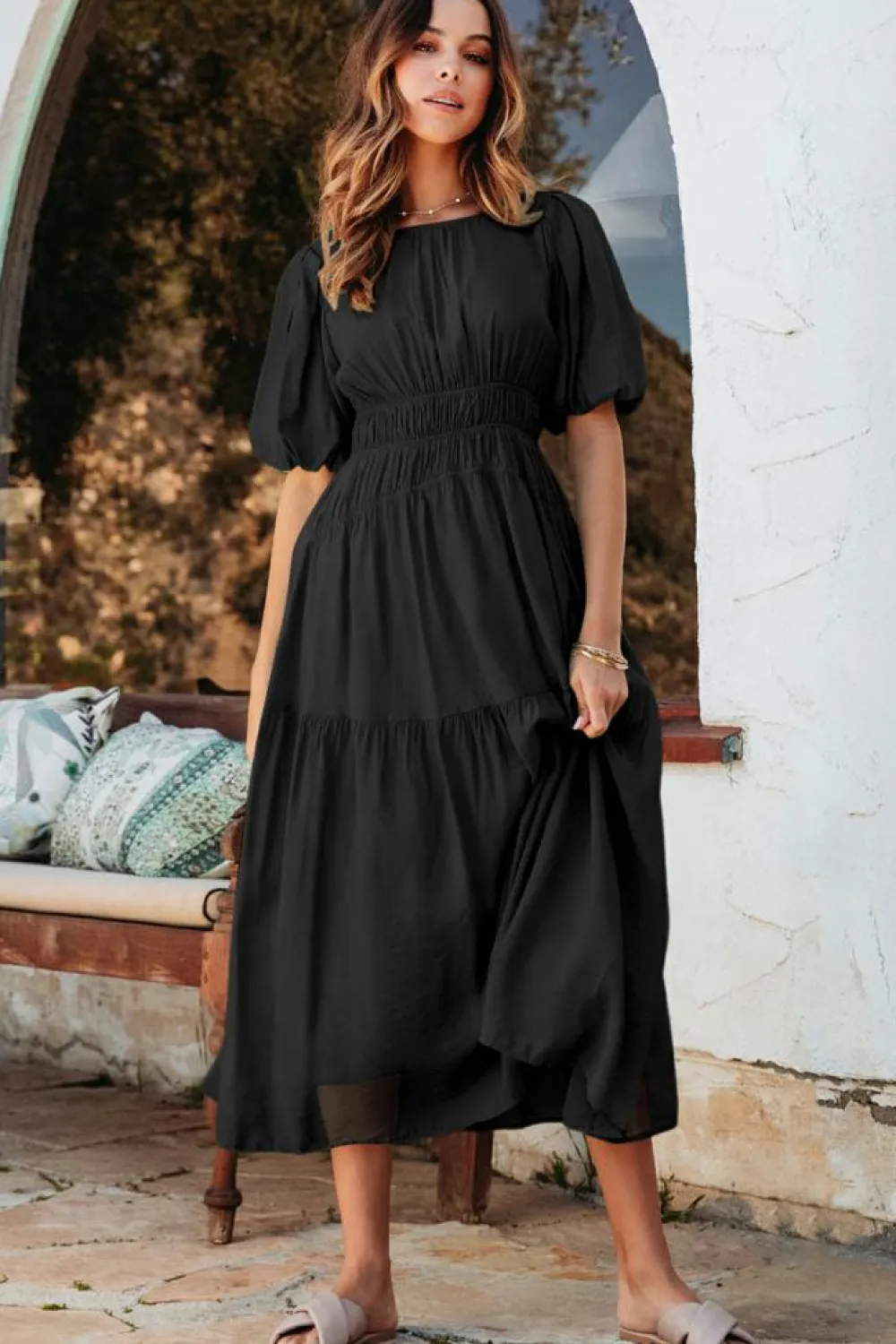 Sale Dear-Lover Puff Sleeve Pleated High Waist Flowy Midi Dress Black