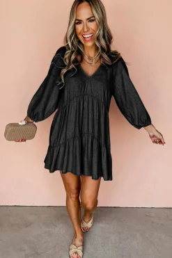 Best Dear-Lover Puff Sleeve V Neck Tiered Ruffled Chambray Mini Dress Black