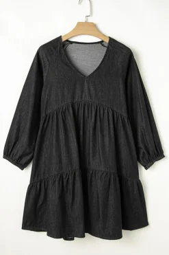 Best Dear-Lover Puff Sleeve V Neck Tiered Ruffled Chambray Mini Dress Black
