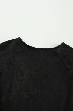 Best Dear-Lover Puff Sleeve V Neck Tiered Ruffled Chambray Mini Dress Black