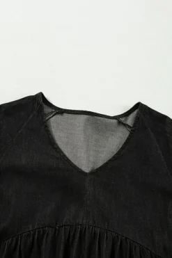 Best Dear-Lover Puff Sleeve V Neck Tiered Ruffled Chambray Mini Dress Black