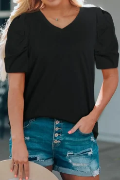 Best Dear-Lover Puff Sleeve V-Neck T-Shirt Black