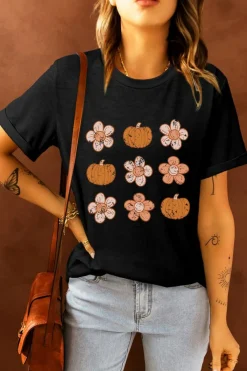Sale Dear-Lover Pumpkin Flower Print Short Sleeve Graphic Top Black