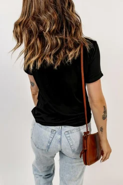 Sale Dear-Lover Pumpkin Flower Print Short Sleeve Graphic Top Black