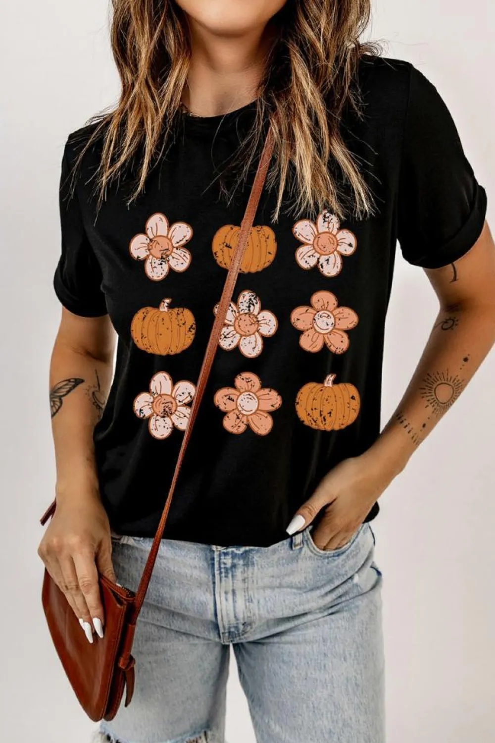 Sale Dear-Lover Pumpkin Flower Print Short Sleeve Graphic Top Black