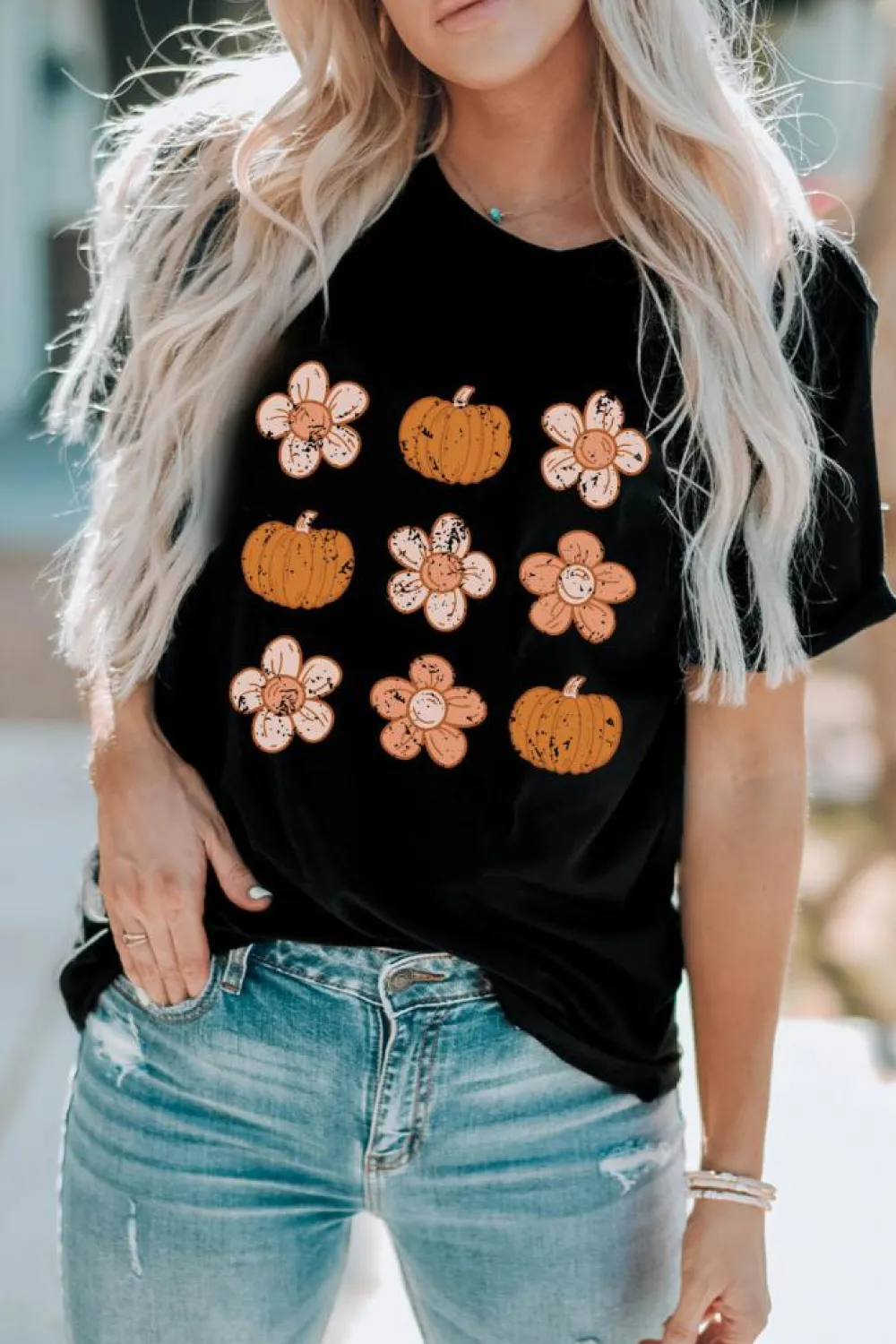 Sale Dear-Lover Pumpkin Flower Print Short Sleeve Graphic Top Black