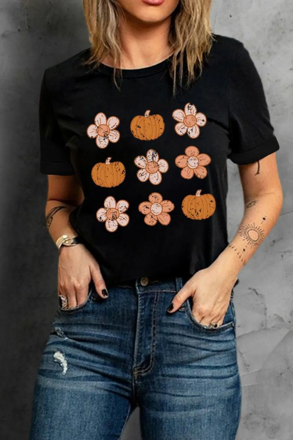 Sale Dear-Lover Pumpkin Flower Print Short Sleeve Graphic Top Black
