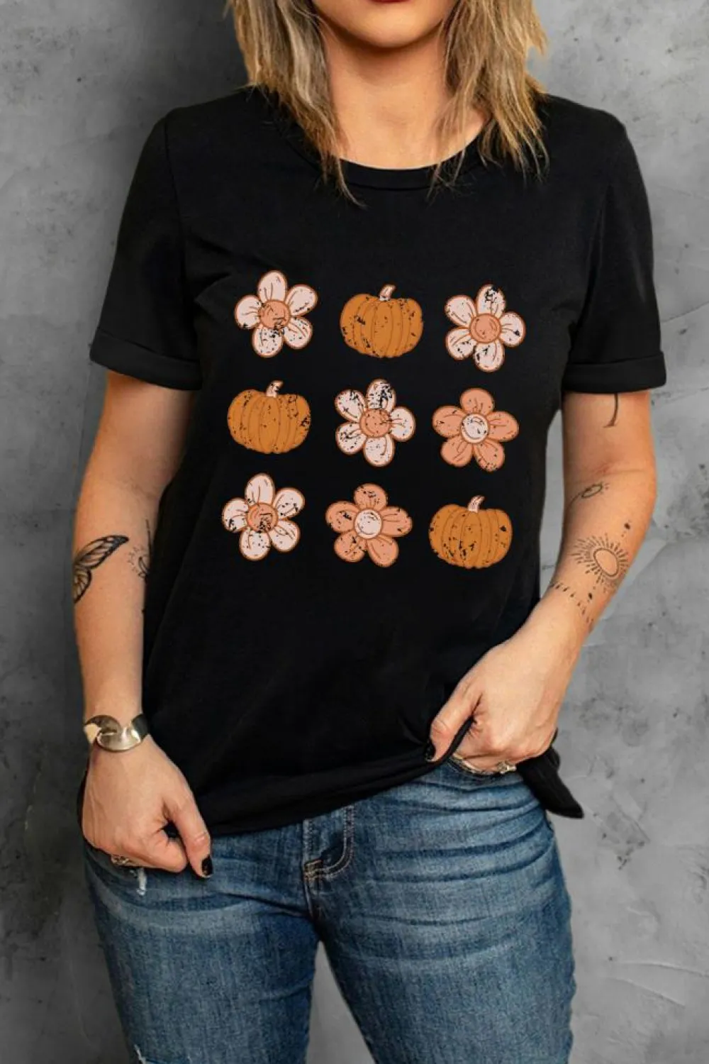 Sale Dear-Lover Pumpkin Flower Print Short Sleeve Graphic Top Black