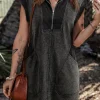 Sale Dear-Lover Quarter Zip Pocketed Cap Sleeve Sweatshirt Dress Black