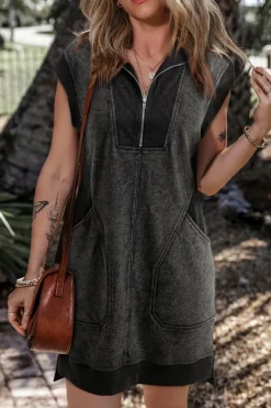 Sale Dear-Lover Quarter Zip Pocketed Cap Sleeve Sweatshirt Dress Black