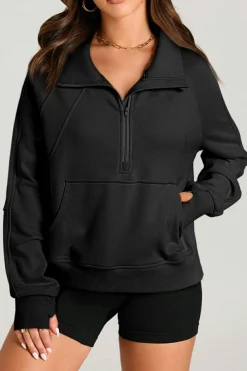 Clearance Dear-Lover Quarter Zip Stand Neck Kangaroo Pocket Sweatshirt Black