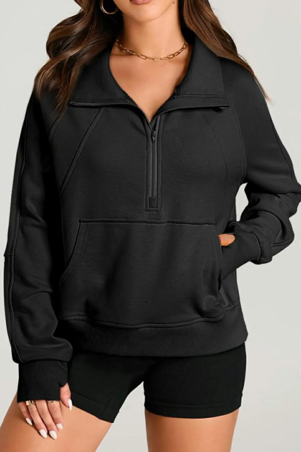Clearance Dear-Lover Quarter Zip Stand Neck Kangaroo Pocket Sweatshirt Black