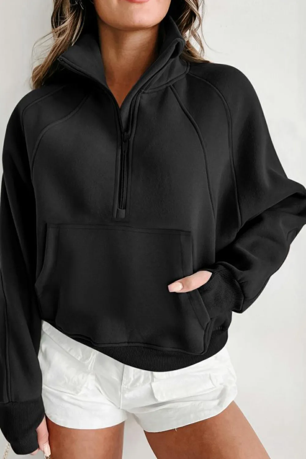 Clearance Dear-Lover Quarter Zip Stand Neck Kangaroo Pocket Sweatshirt Black