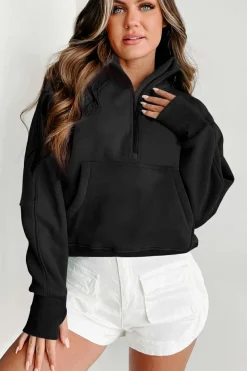 Clearance Dear-Lover Quarter Zip Stand Neck Kangaroo Pocket Sweatshirt Black