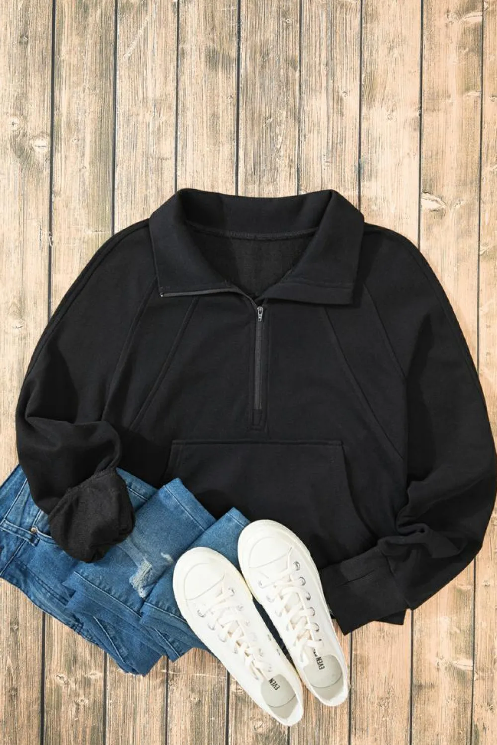 Clearance Dear-Lover Quarter Zip Stand Neck Kangaroo Pocket Sweatshirt Black