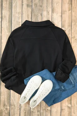Clearance Dear-Lover Quarter Zip Stand Neck Kangaroo Pocket Sweatshirt Black