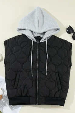 Clearance Dear-Lover Quilted Drawstring Hooded Zip Up Puffer Vest Black