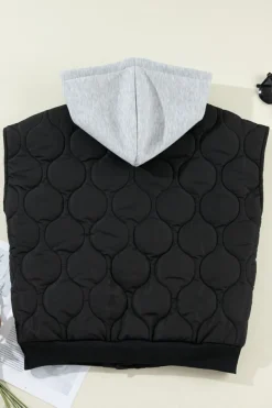 Clearance Dear-Lover Quilted Drawstring Hooded Zip Up Puffer Vest Black