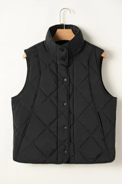 Hot Dear-Lover Quilted High Neck Button Up Pocket Vest Coat Black
