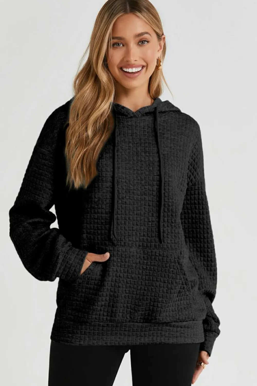 Hot Dear-Lover Quilted Kangaroo Pocket Drawstring Hoodie Black