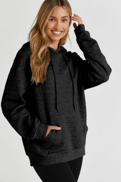 Hot Dear-Lover Quilted Kangaroo Pocket Drawstring Hoodie Black