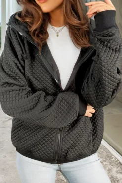 New Dear-Lover Quilted Side Pockets Zipper Hooded Jacket Black