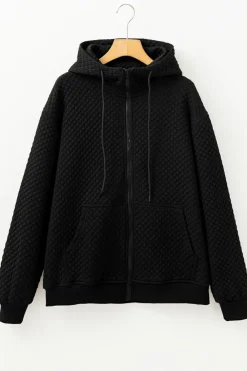 New Dear-Lover Quilted Side Pockets Zipper Hooded Jacket Black