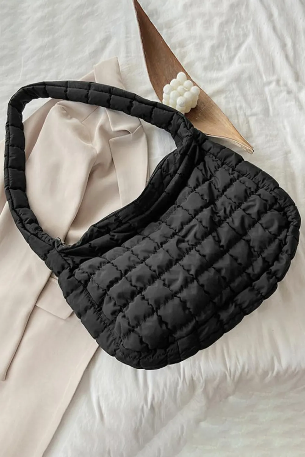 Fashion Dear-Lover Quilted Zipper Large Shoulder Bag Black