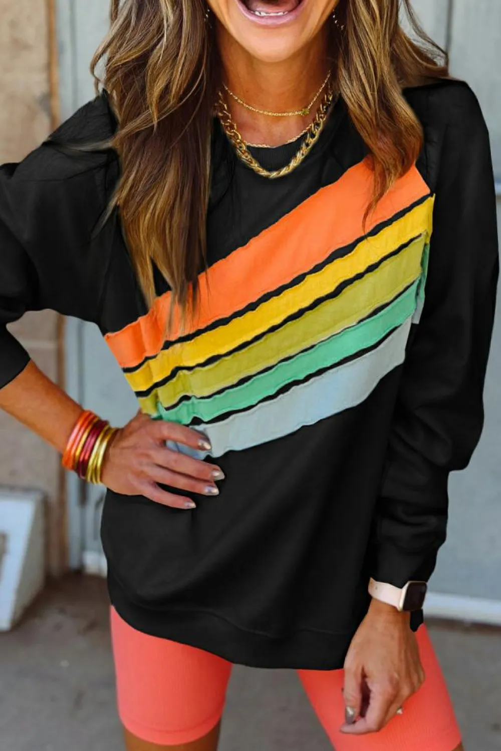 Sale Dear-Lover Rainbow Colorblock Striped Pullover Sweatshirt Black