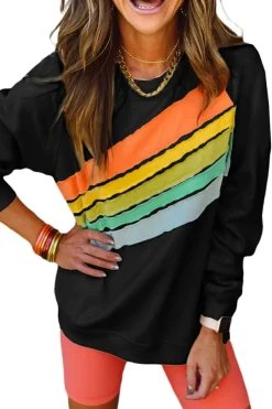 Sale Dear-Lover Rainbow Colorblock Striped Pullover Sweatshirt Black