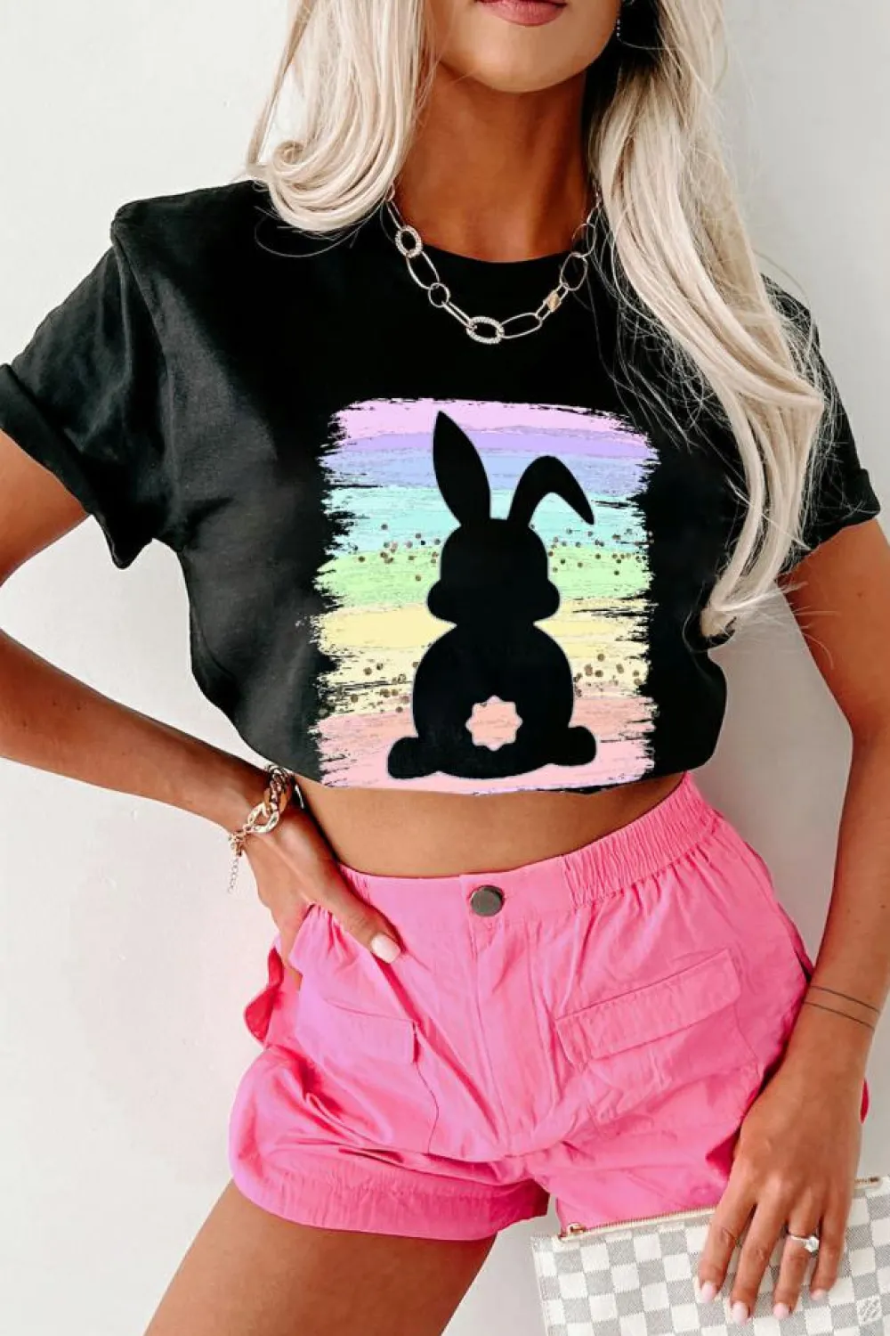 Hot Dear-Lover Rainbow Splash Easter Rabbit Graphic Tee Black