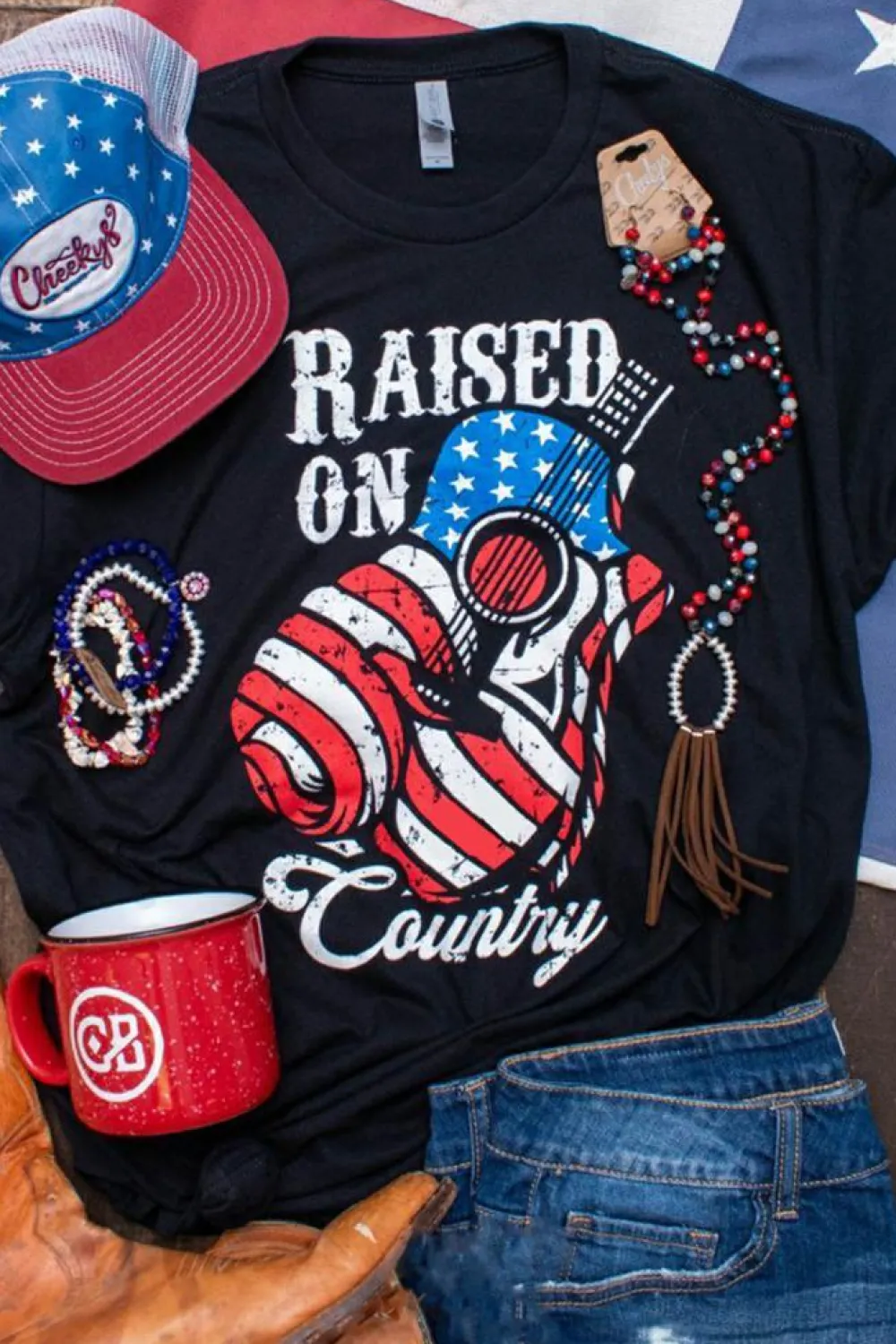 Clearance Dear-Lover Raised On Country USA Flag Guitar Graphic Tee Black