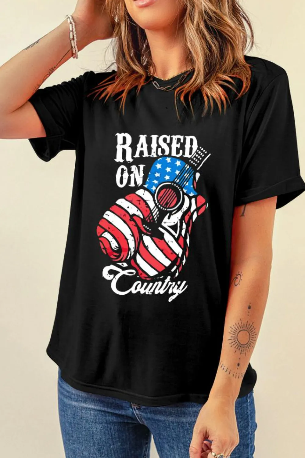 Clearance Dear-Lover Raised On Country USA Flag Guitar Graphic Tee Black