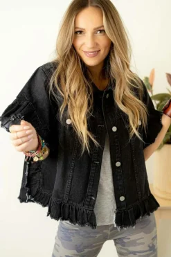Sale Dear-Lover Raw Edge Ruffled Short Sleeve Denim Jacket Black