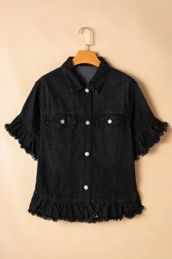 Sale Dear-Lover Raw Edge Ruffled Short Sleeve Denim Jacket Black