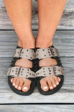 Fashion Dear-Lover Retro Buckle Rivet Detail 2-tone Patched PU Slippers Black