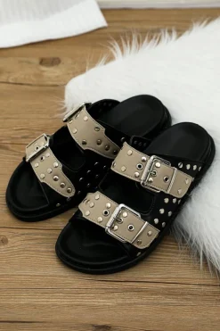 Fashion Dear-Lover Retro Buckle Rivet Detail 2-tone Patched PU Slippers Black