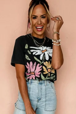 Outlet Dear-Lover Retro Floral Print Crew Neck Casual T Shirt Black
