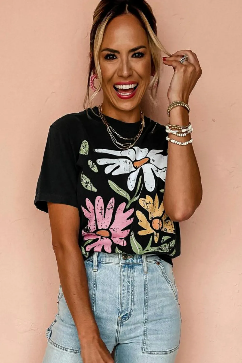 Outlet Dear-Lover Retro Floral Print Crew Neck Casual T Shirt Black
