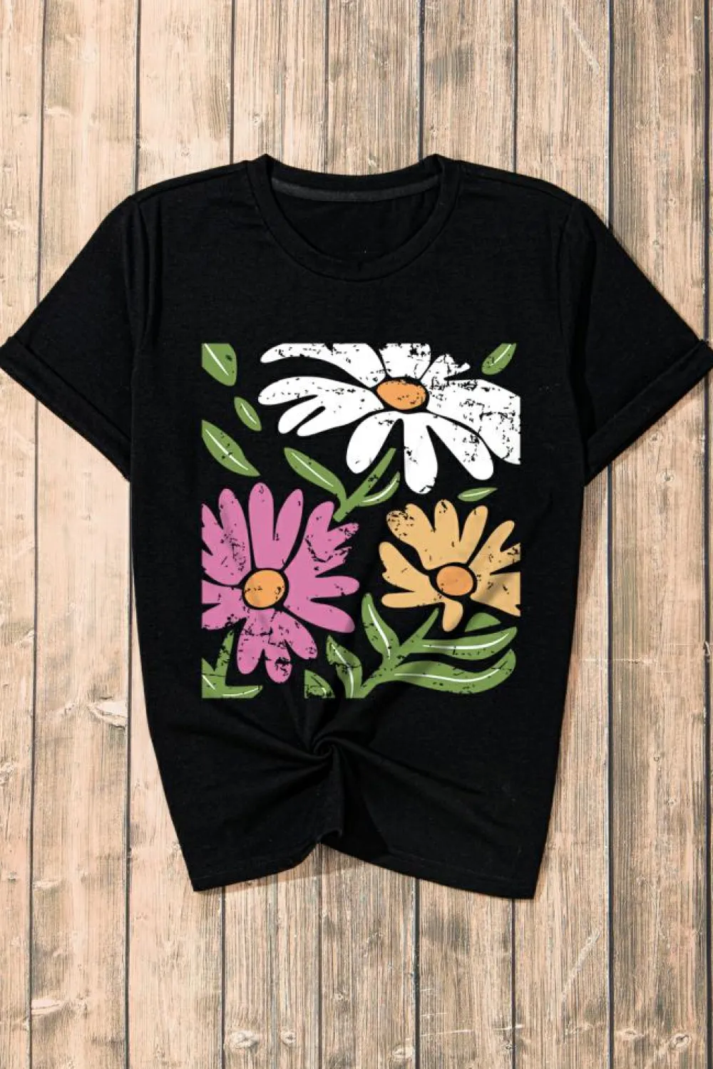 Outlet Dear-Lover Retro Floral Print Crew Neck Casual T Shirt Black