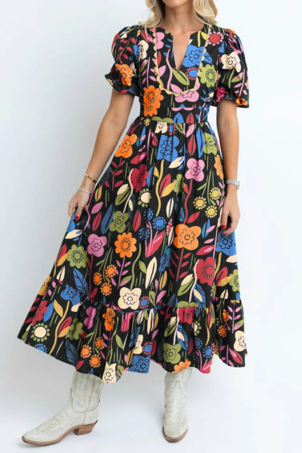 Outlet Dear-Lover Retro Floral Printed Split Neck Maxi Dress Black