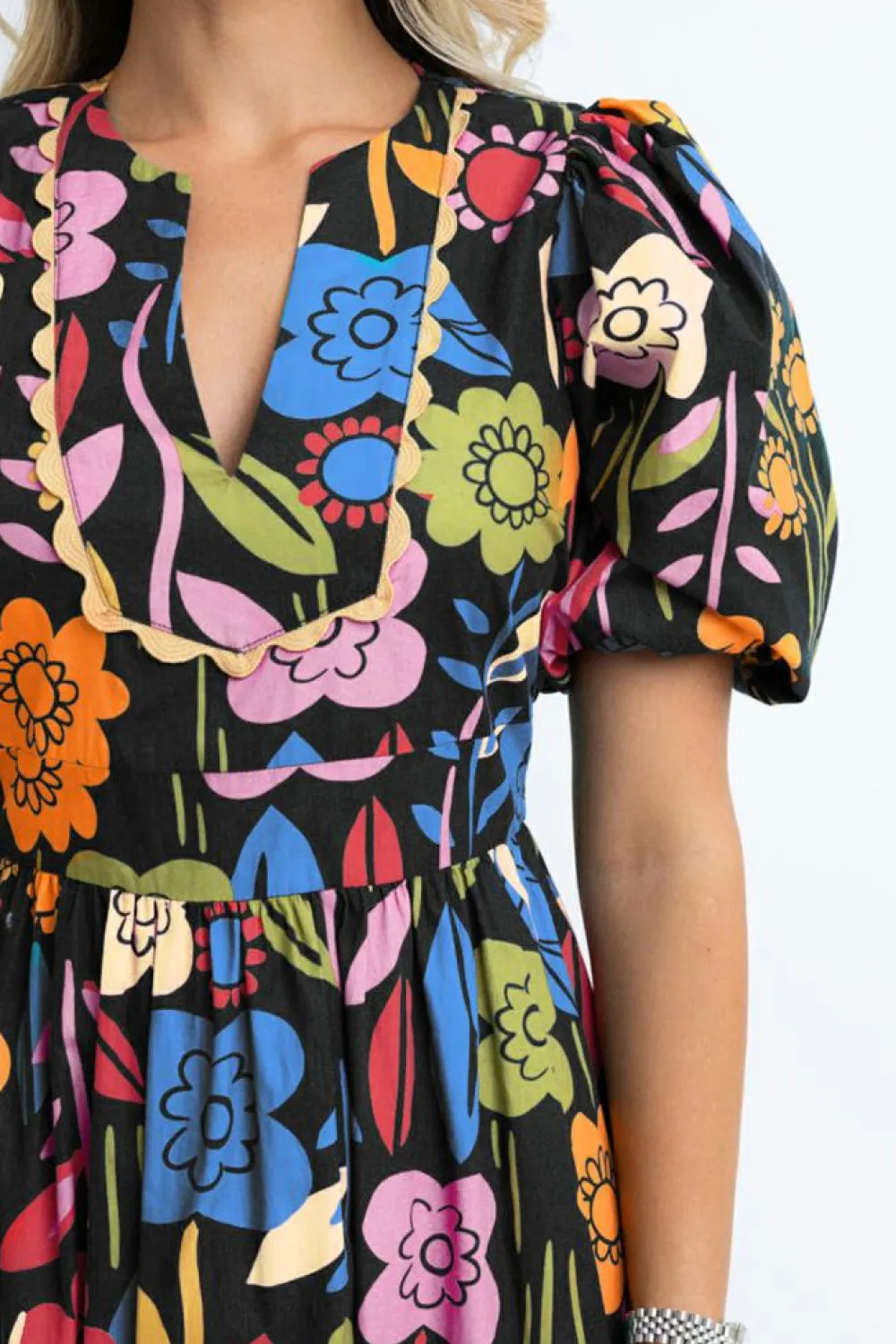 Outlet Dear-Lover Retro Floral Printed Split Neck Maxi Dress Black