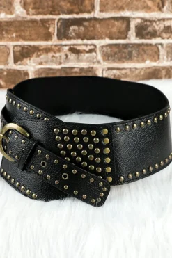 Best Dear-Lover Retro Rivet Studded PU Leather Wide Waist Belt Black
