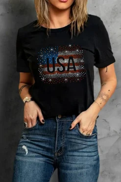 Hot Dear-Lover Rhinestone America Flag USA Graphic T Shirt Black