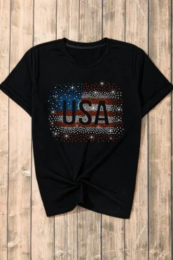 Hot Dear-Lover Rhinestone America Flag USA Graphic T Shirt Black