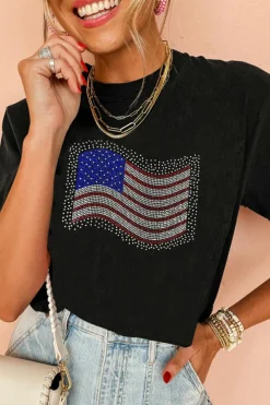 Clearance Dear-Lover Rhinestone American Flag Casual Round Neck Tee Black