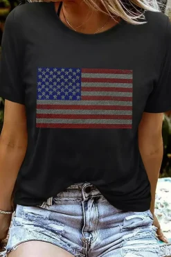 Hot Dear-Lover Rhinestone American Flag Round Neck Casual Tee Black