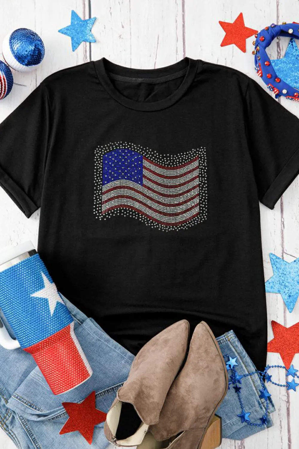 Clearance Dear-Lover Rhinestone American Flag Casual Round Neck Tee Black