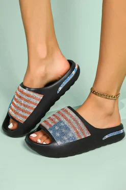 Online Dear-Lover Rhinestone American Flag Thick Sole Slippers Black